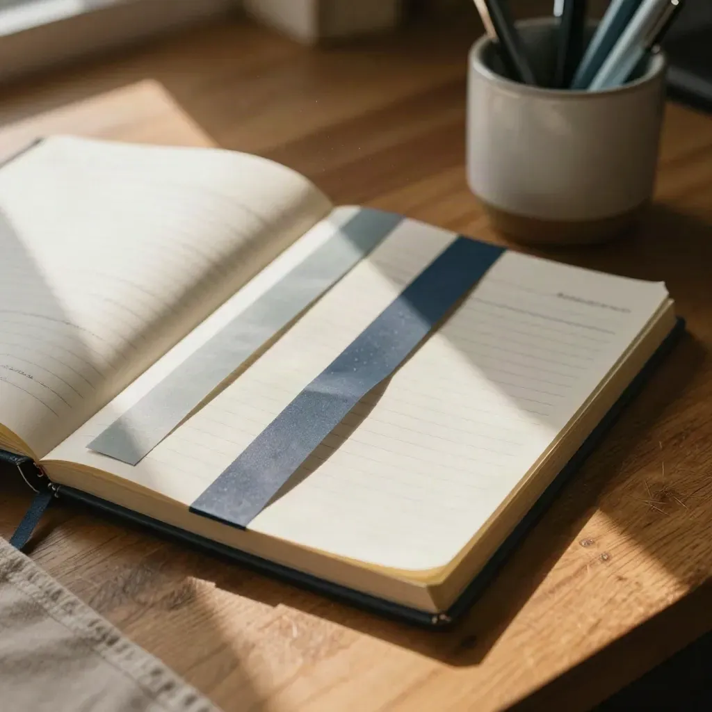 Quaderno di grammatica con strisce colorate e portapenne su tavolo di cucina al sole.