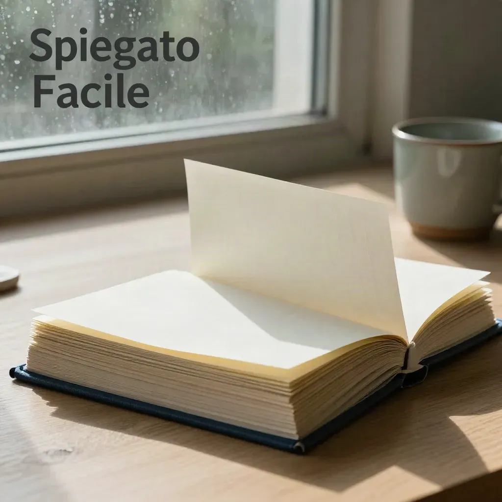 Carte studio in diagonale, luce di pioggia alla finestra, tazza in ceramica e spazio per il titolo.