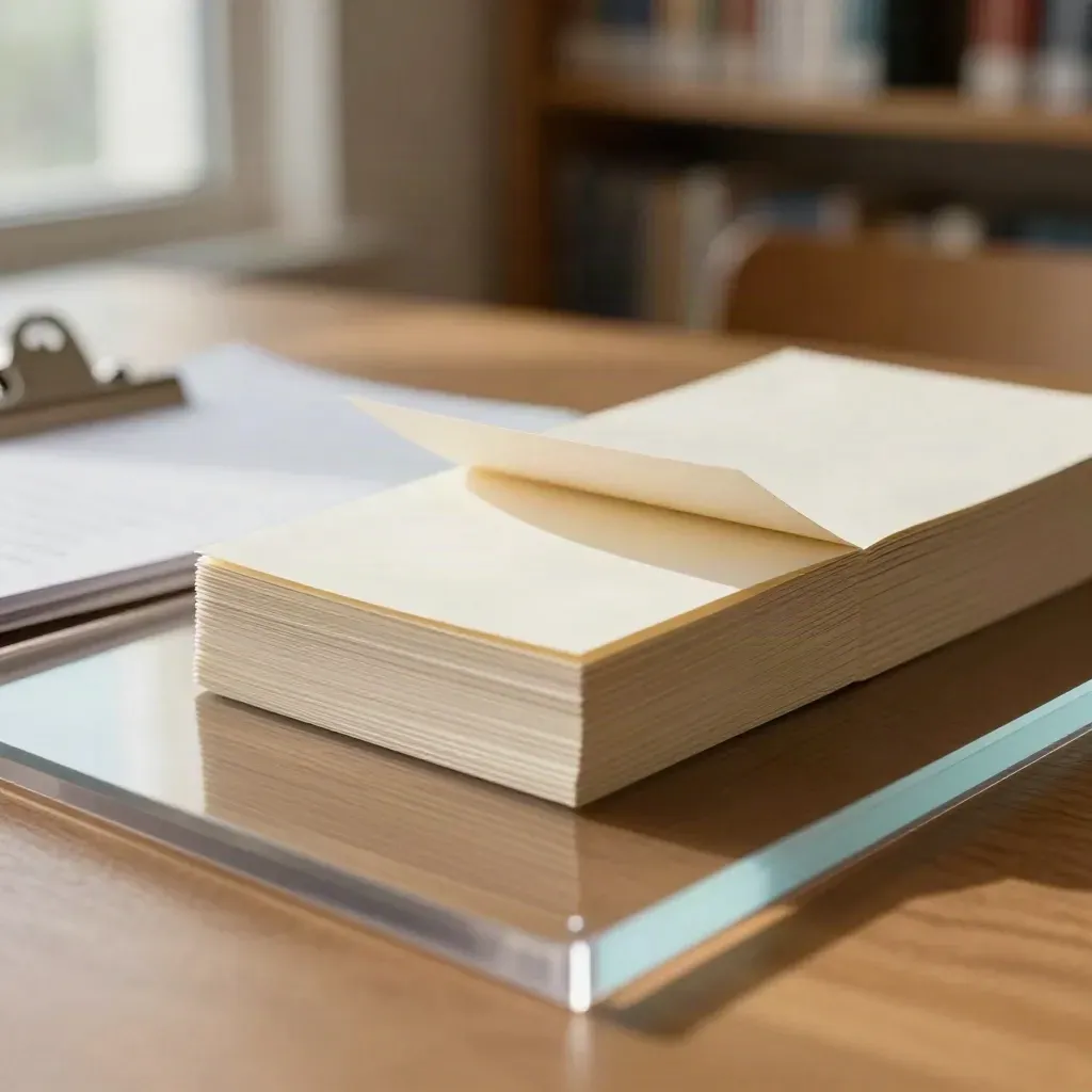 Cards riassuntive sotto un vassoio acrilico, con libro e foglio sovrapposti in una sala studio.