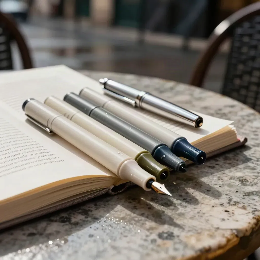 Kit di grammatica italiana con segnalibri colorati, libro chiuso e stilografica su tavolino bagnato.