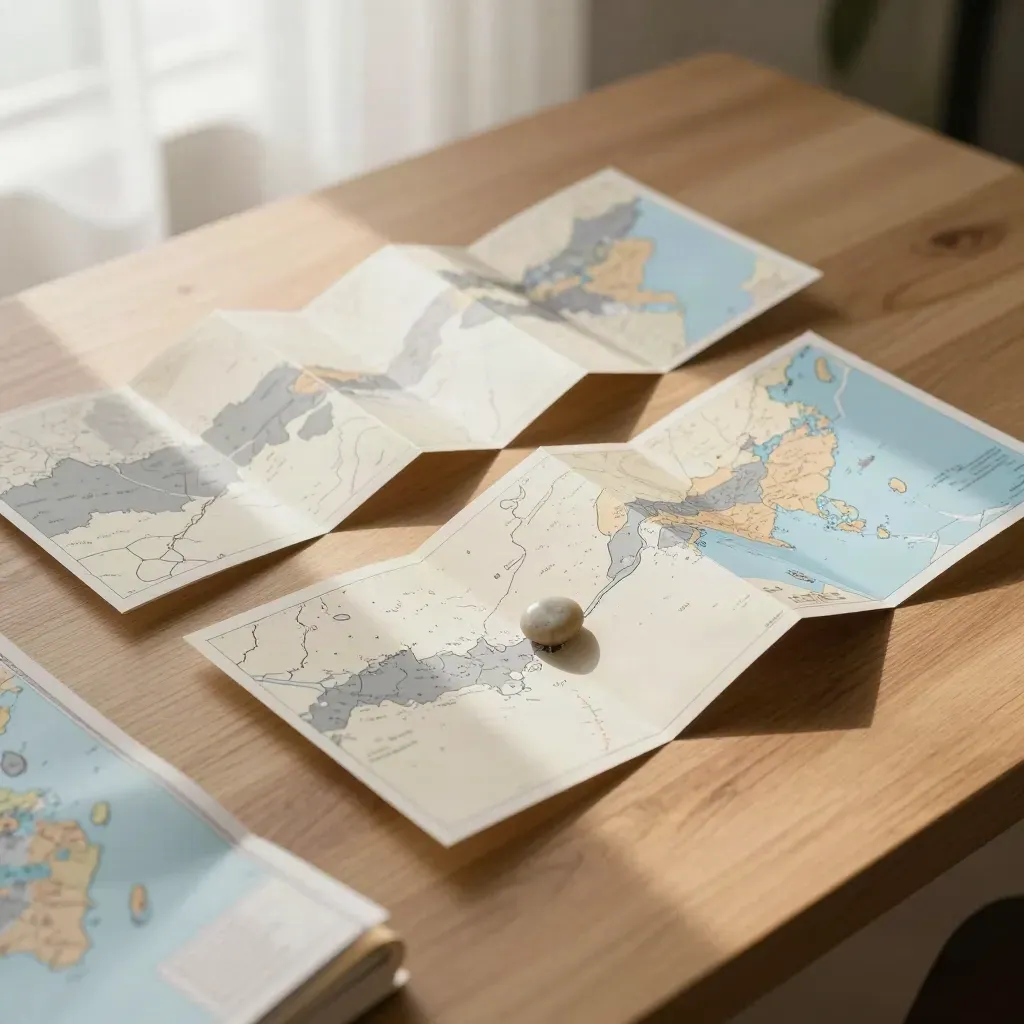 Quattro mappe piegate a zig-zag su un tavolo da viaggio, con fermacarte in pietra e luce chiara.