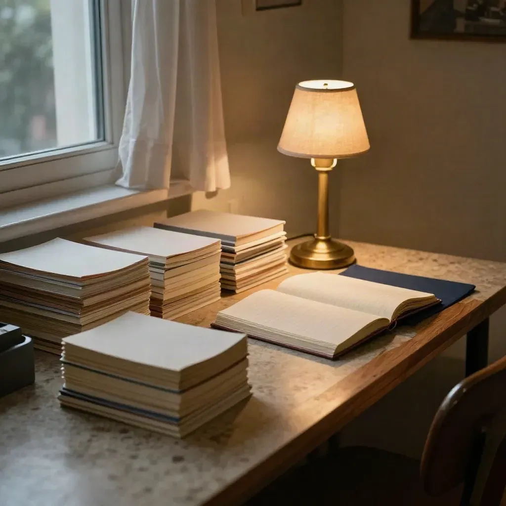Angolo studio accogliente con segnalibri, quaderno aperto e lampada su tavolo condiviso.