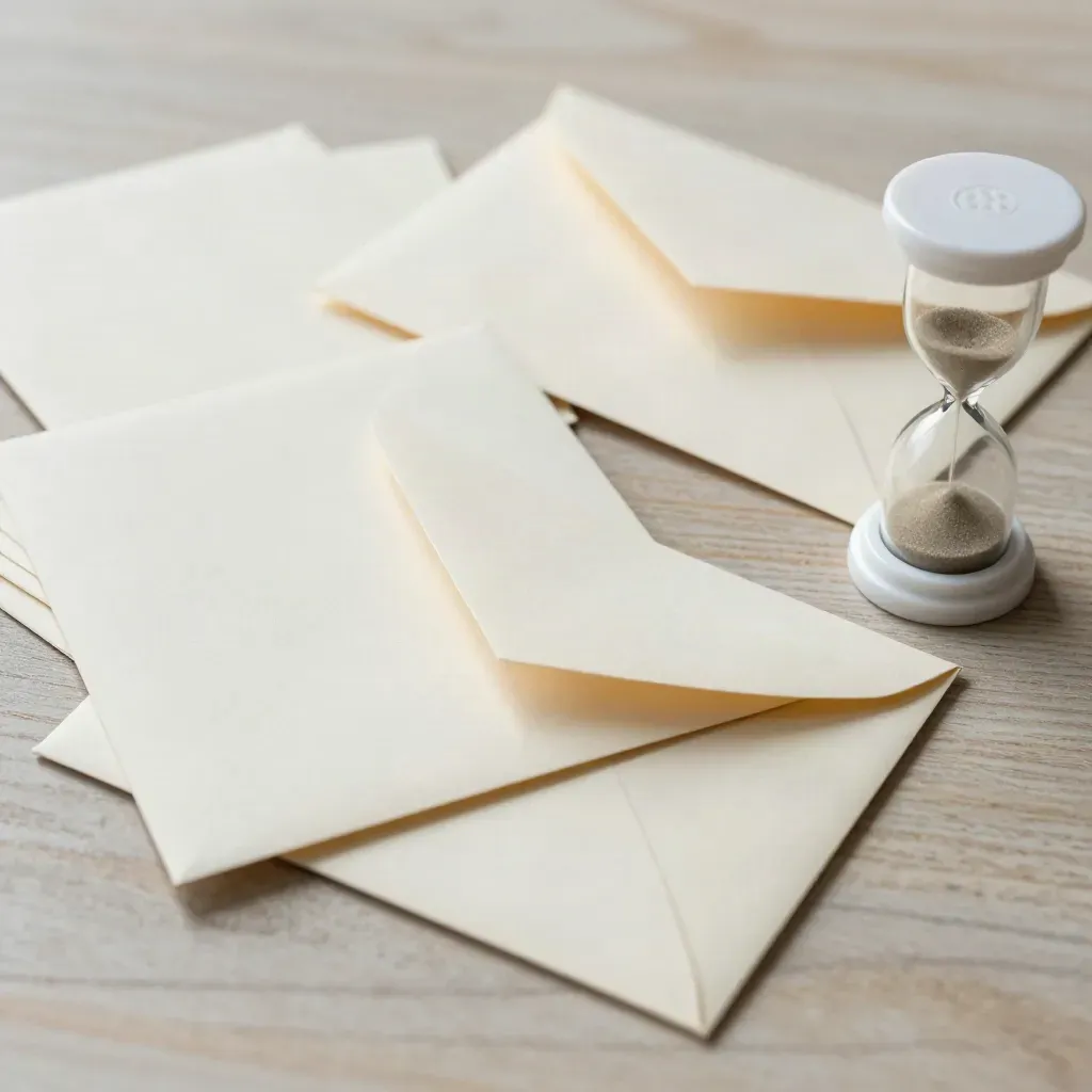 Flashcard, busta sigillata e clessidra su scrivania, viste dall’alto in un momento concitato