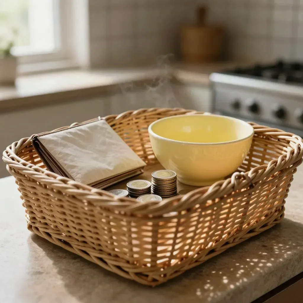 Cestino della spesa, monete in tre pile, ciotola in ceramica e portafoglio di carta sul piano cucina.