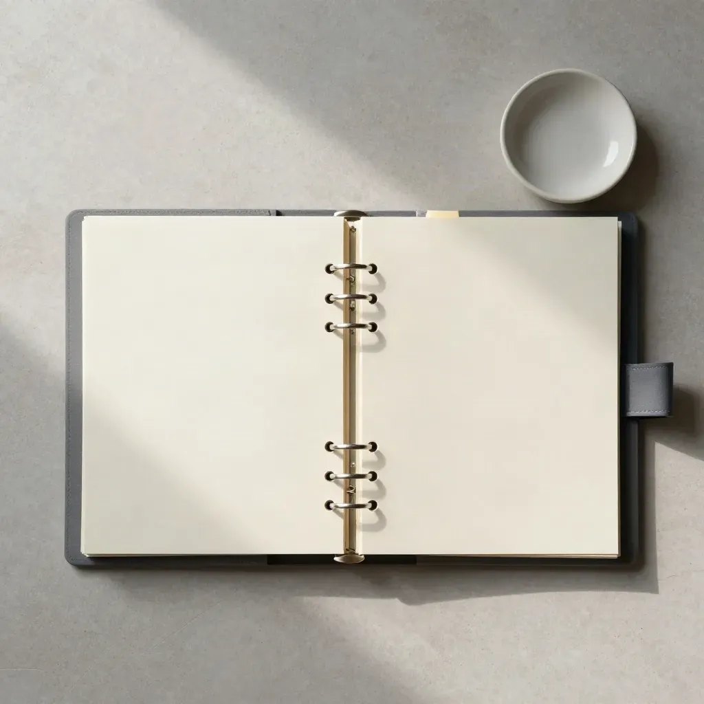 Cartellina ad anelli con divisori e notes su pietra chiara, con ciotola in ceramica blu navy.