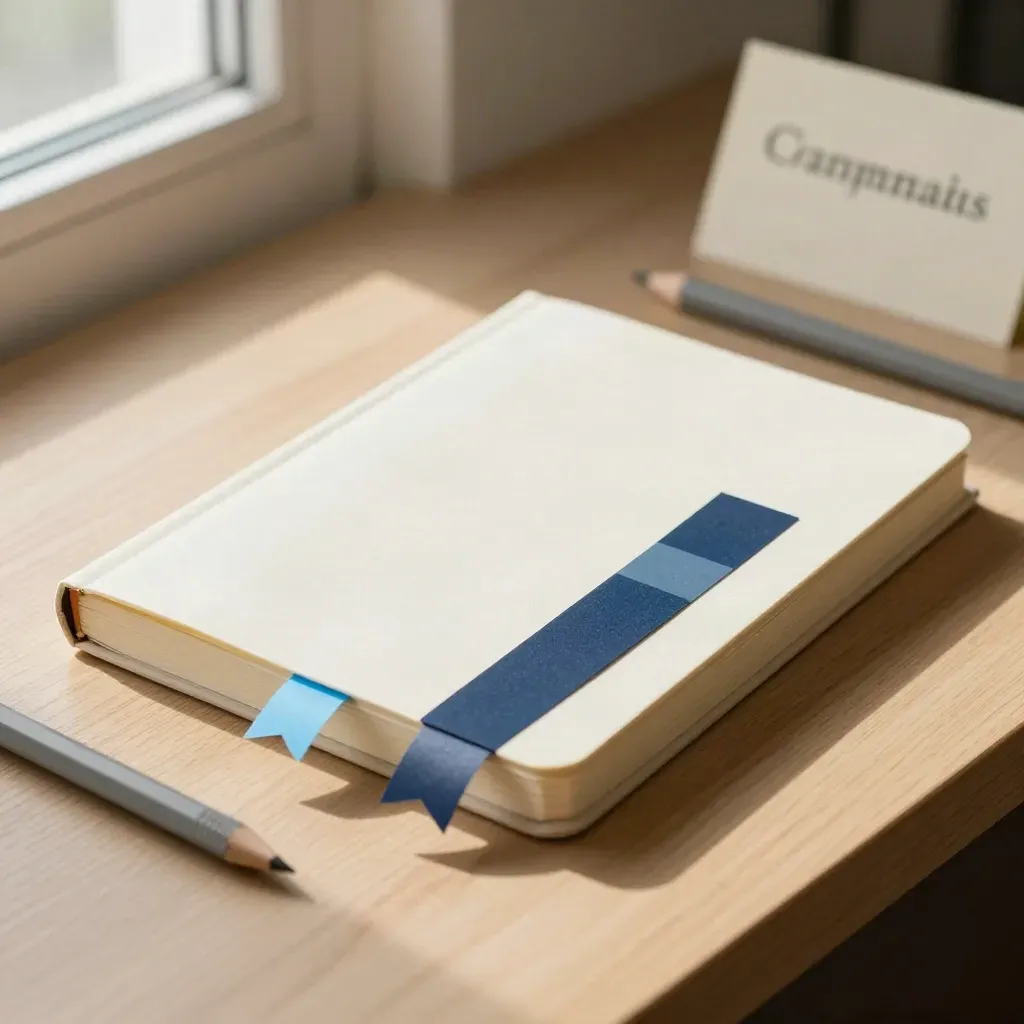 Quaderno di grammatica con segnalibri azzurri e portamatite su scrivania in rovere chiaro.